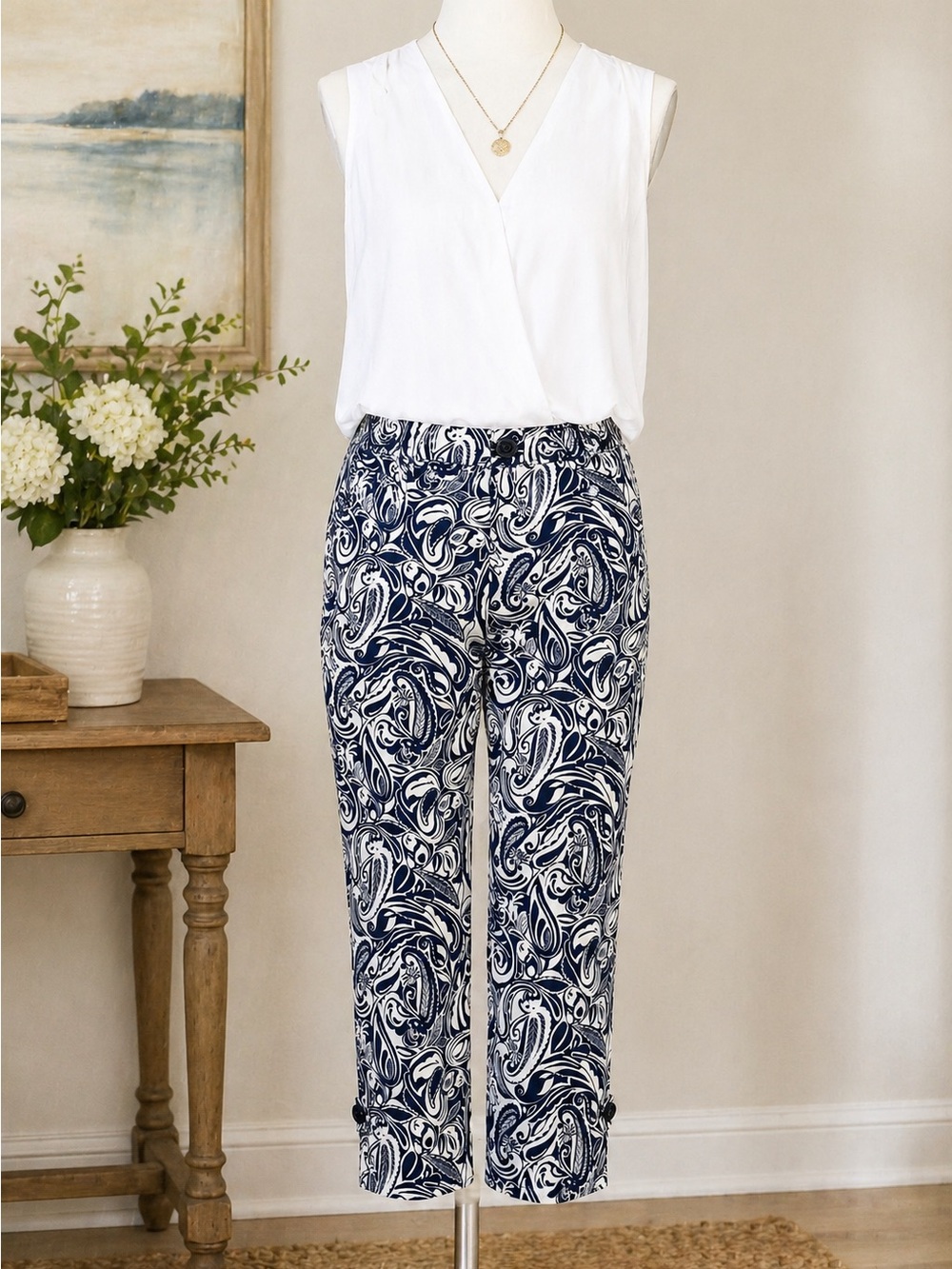 Talbots Perfect Crop Pants Blue White Paisley Capri Ankle Pants Preppy Coastal - Picture 5 of 15